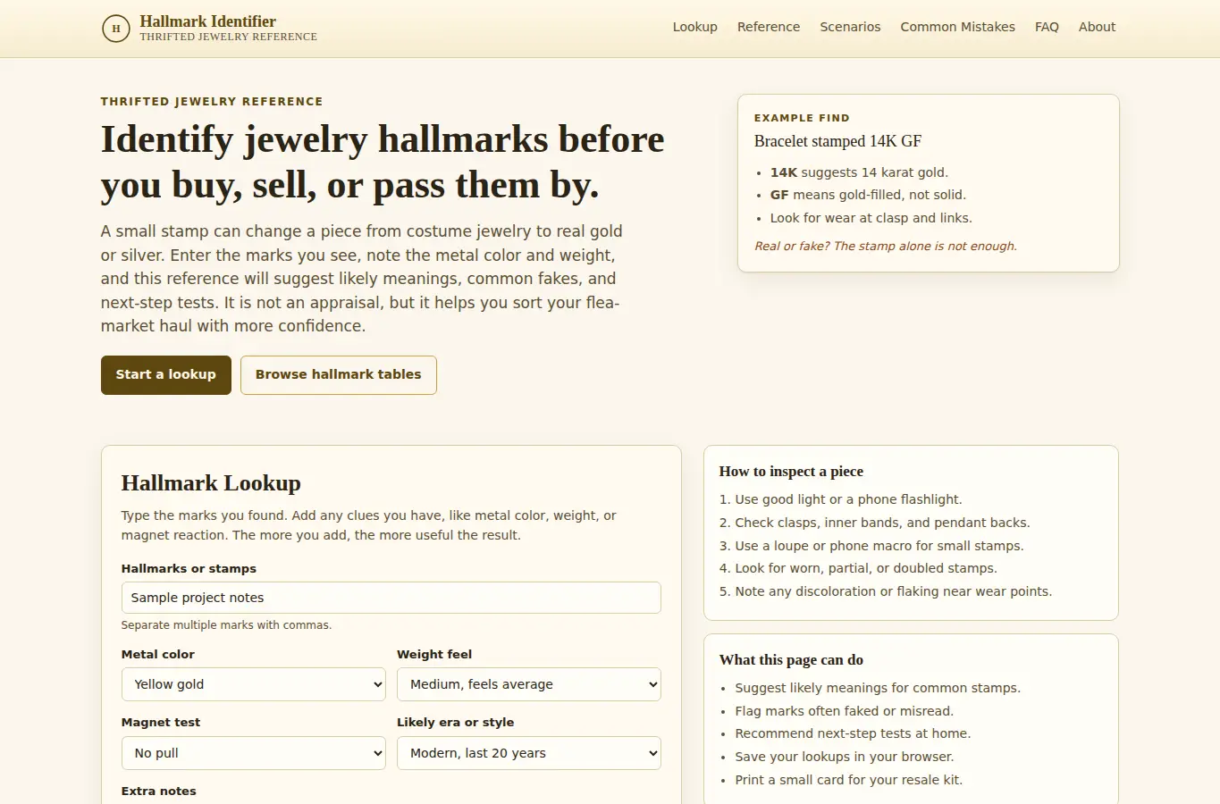 Screenshot of Thrifted Jewelry Hallmark Identifier interface showing the project page in use